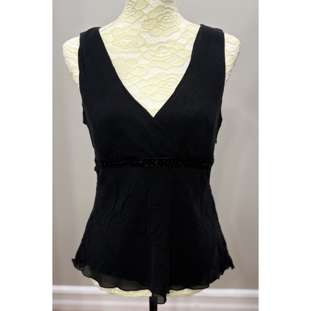 Style & Co Petite Black 100% Silk Beaded Empire Waist Crinkle Blouse Top 14P